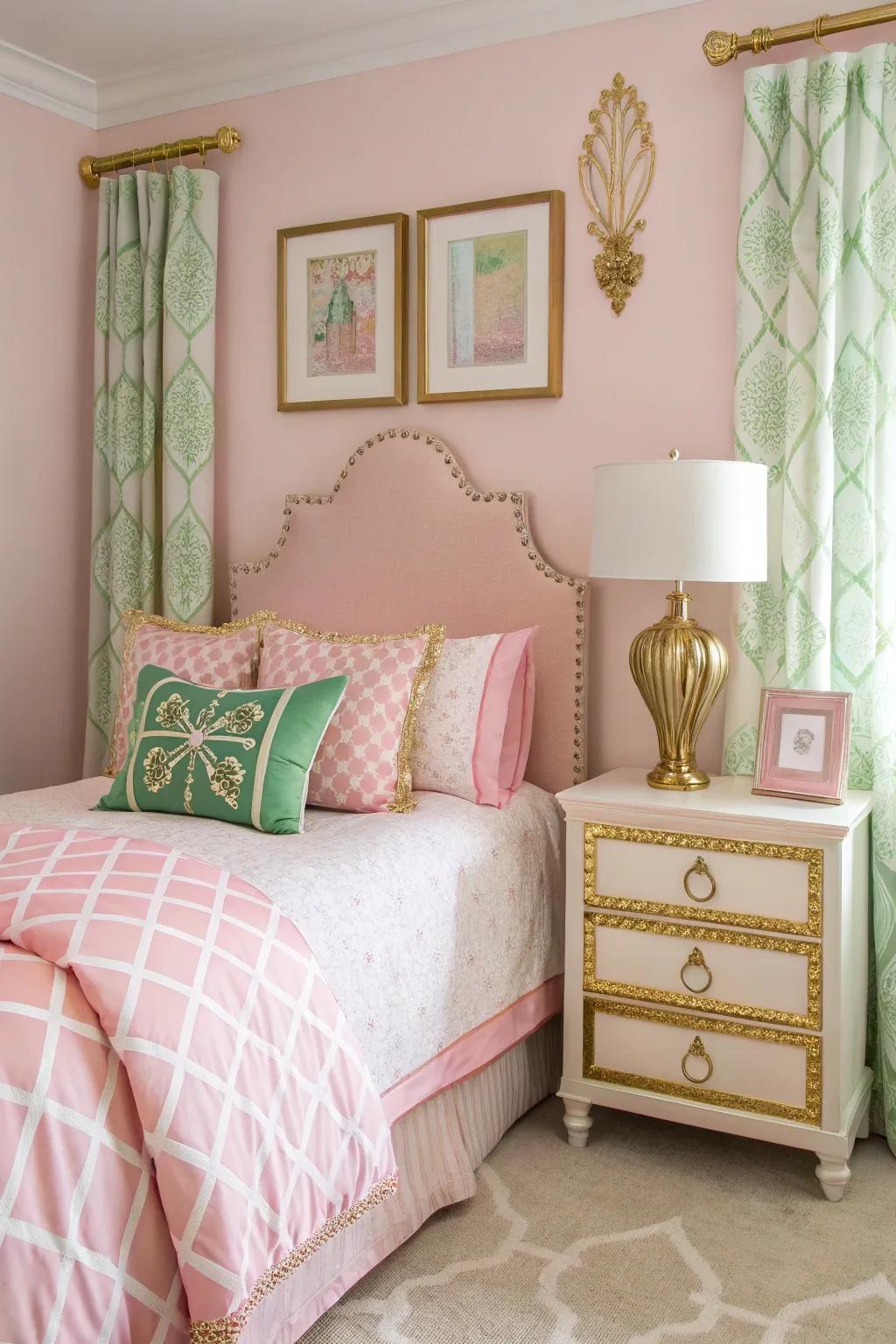 Gilded features introduce a hint of glamour to the verdant and roseate theme.