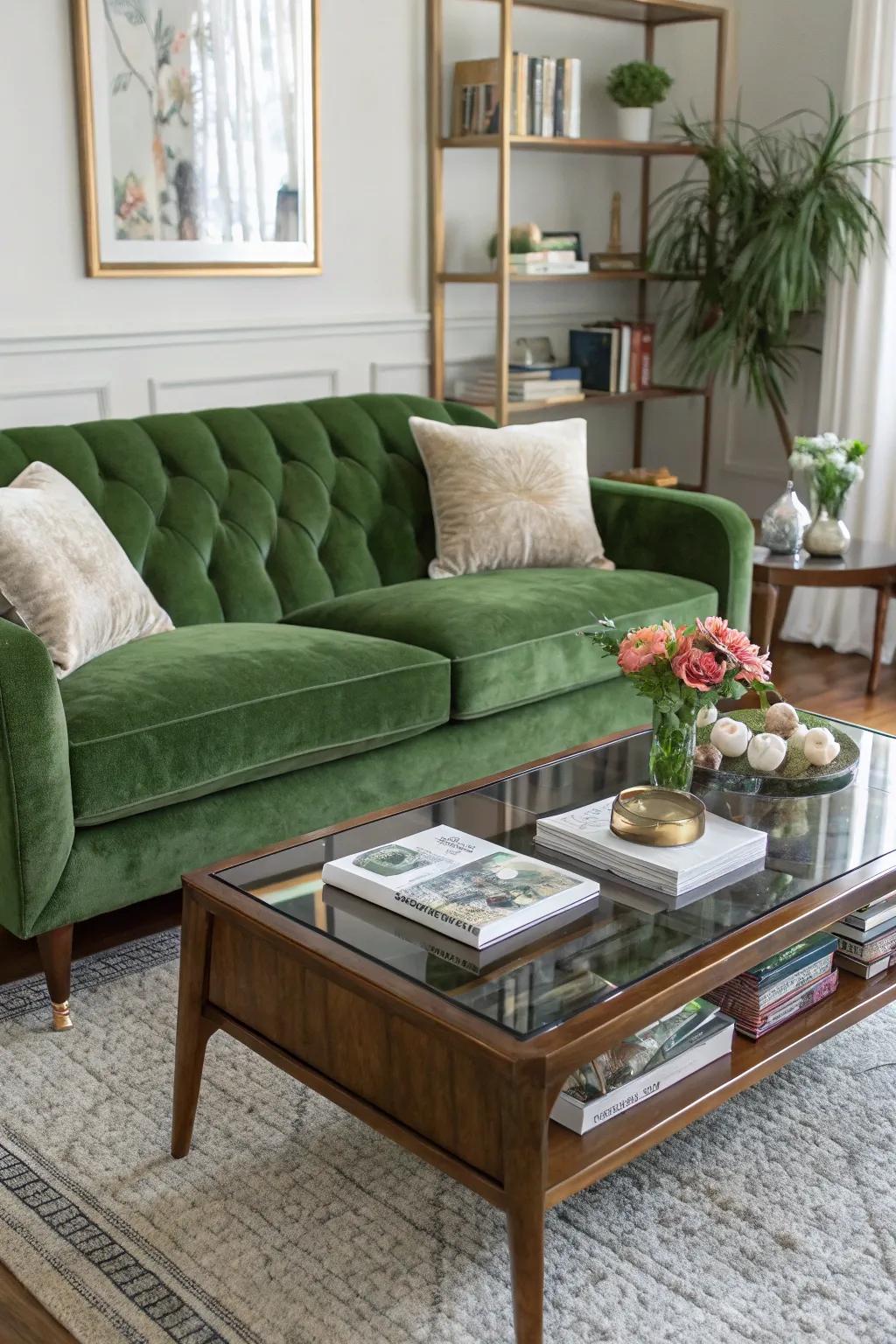 A mid-century modern lounge featuring a green velvet couch and retro elements.