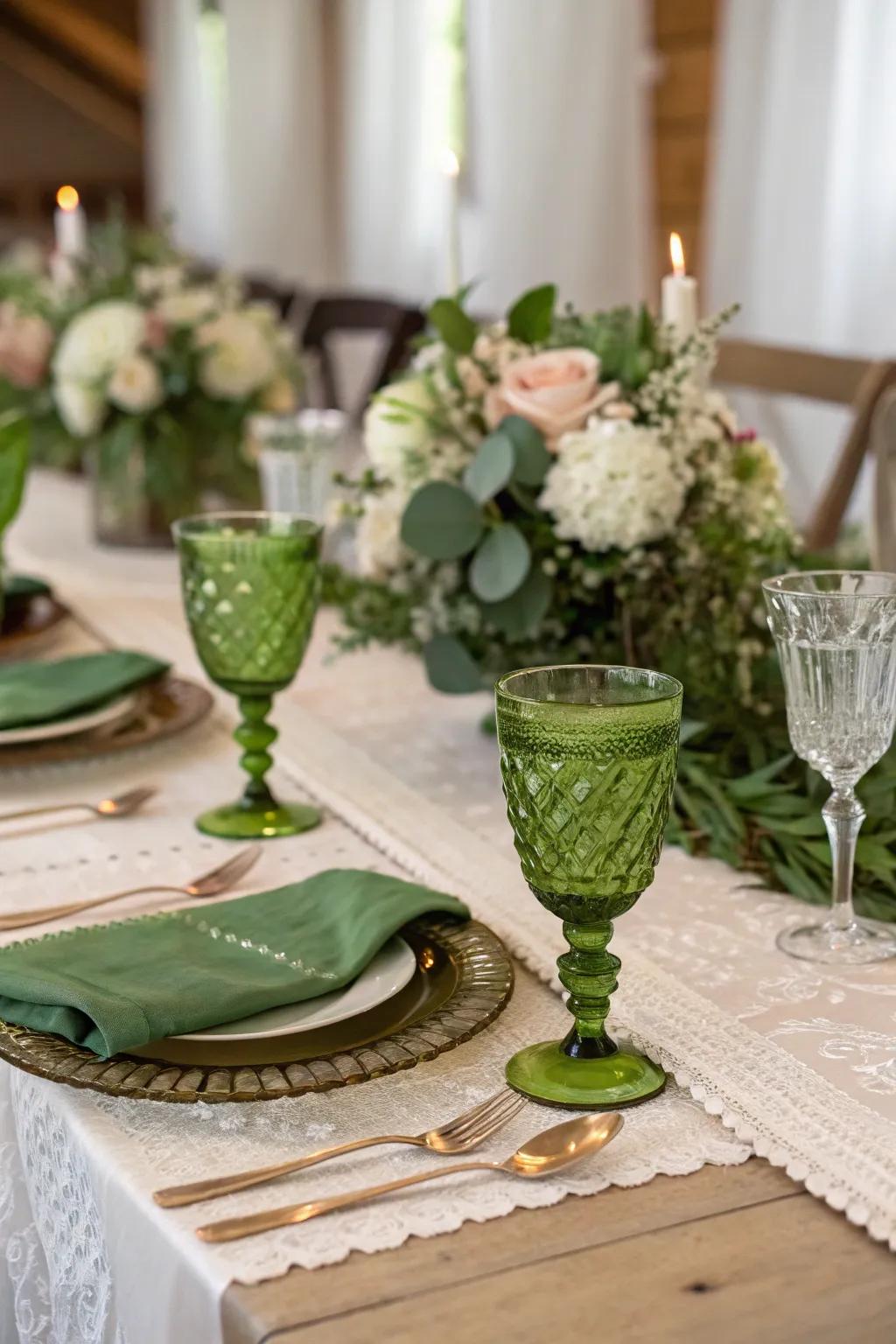 Stylish green goblets giving a unique touch to toasts.
