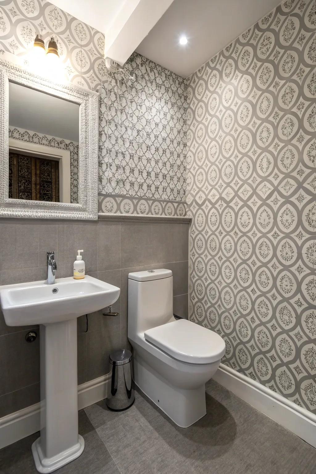 Patterned wall covering adds appeal to the grey bathroom.
