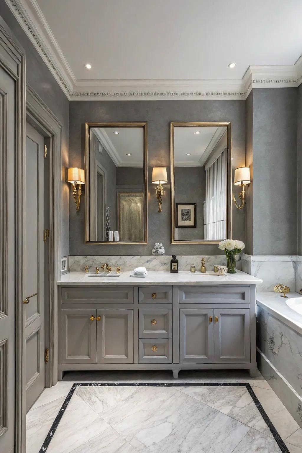 Ash grey partitions furnish a cultured backdrop within this elegantly blueprinted lavatory.