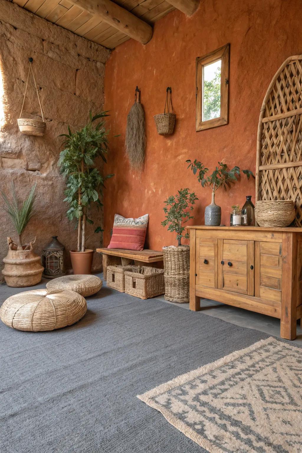 Earthen walls bring earthiness to areas featuring grey carpet.