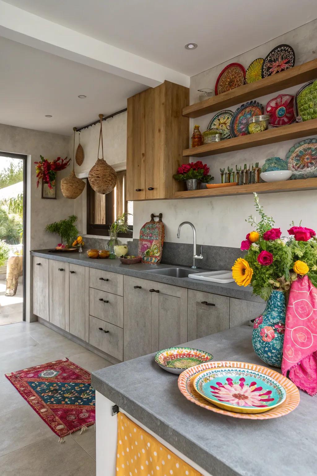 Grey countertops serve as an impeccable canvas for colorful accents.
