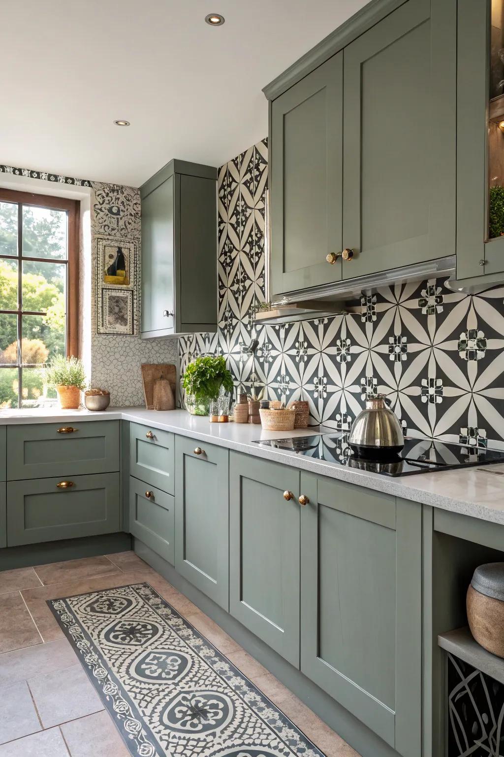 Strong designs add vitality and creativity to grey-green cabinets.