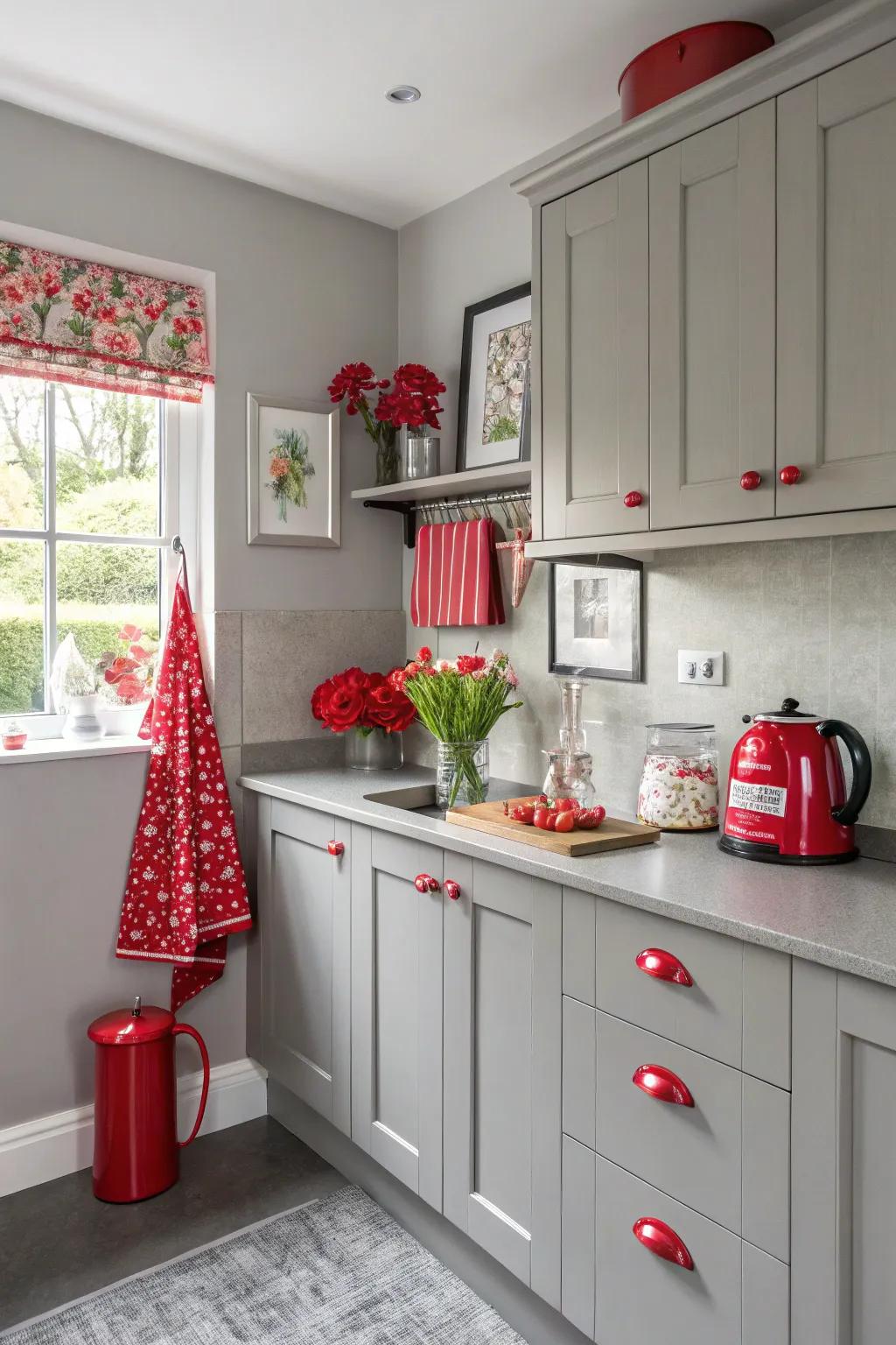 A vibrant splash turns a grey kitchen into a visual delight.