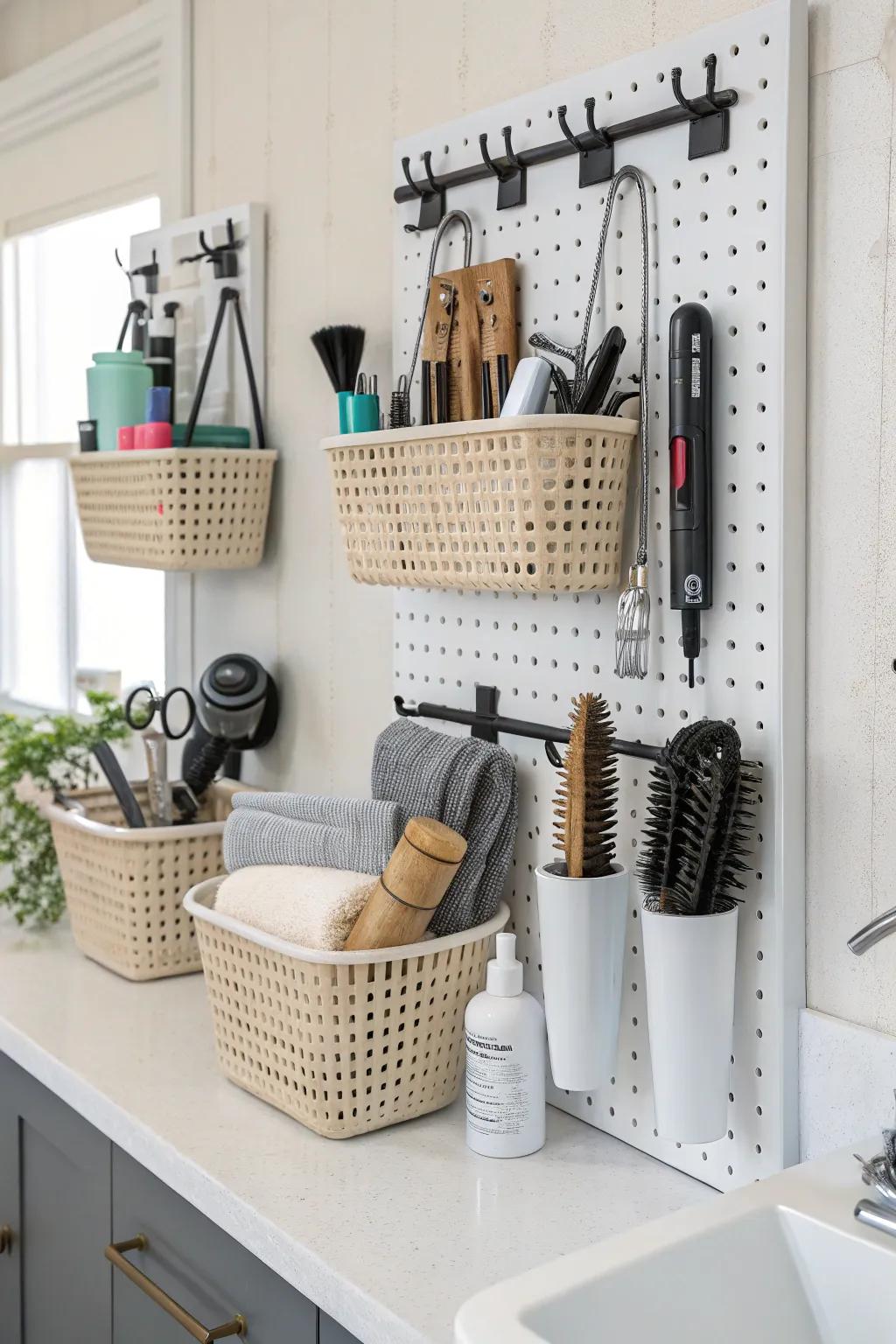 Versatile pegboard system for customizable storage solutions.