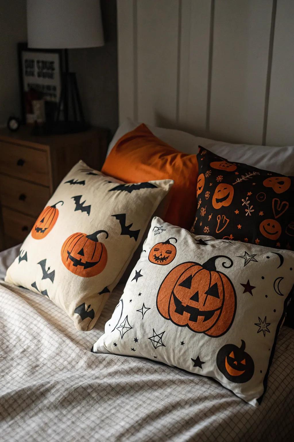 Themed cushions inject a playful element into your Halloween décor.