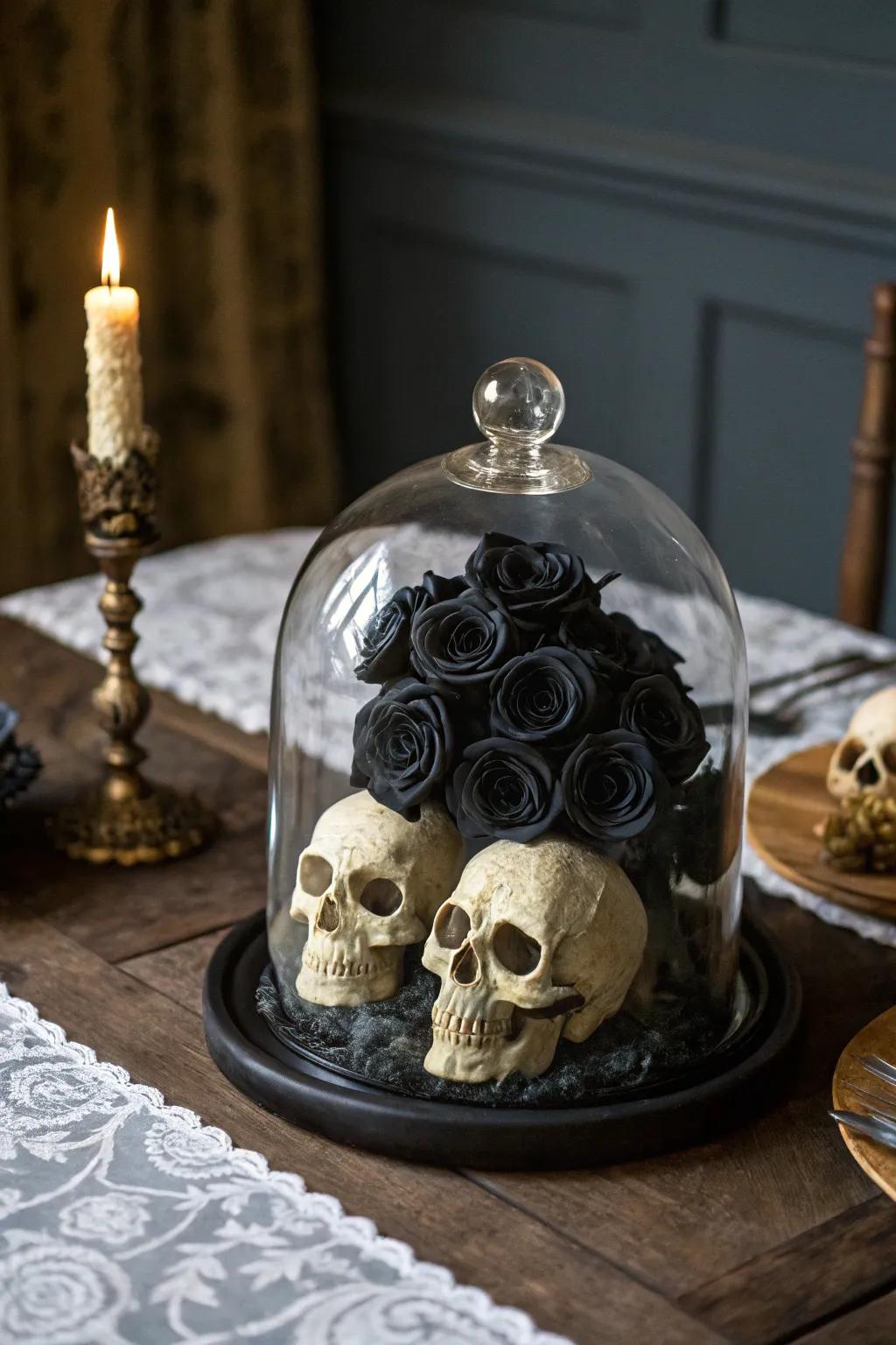 A gothic sentiment dome featuring roses and craniums.