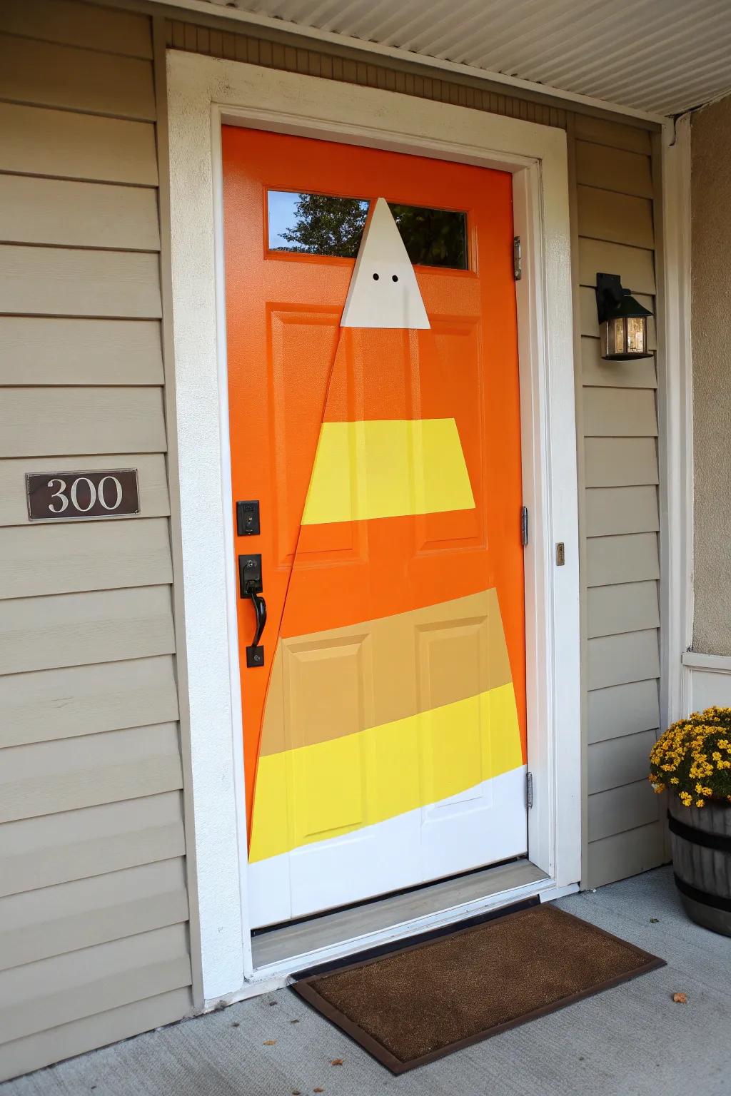 A candy corn door adds a sweet touch to Halloween festivities.