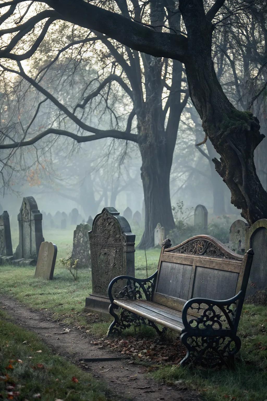 A gothic seat extends a respite within your graveyard.