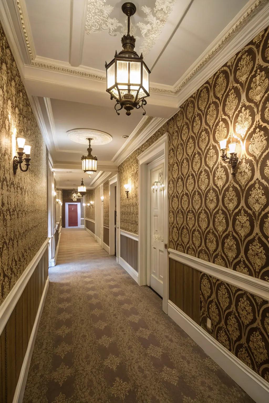 An elegant hallway featuring timeless ornamentation surface covering.