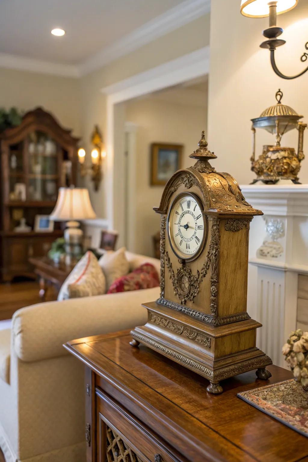 An antique clock that adds timeless elegance to home décor.