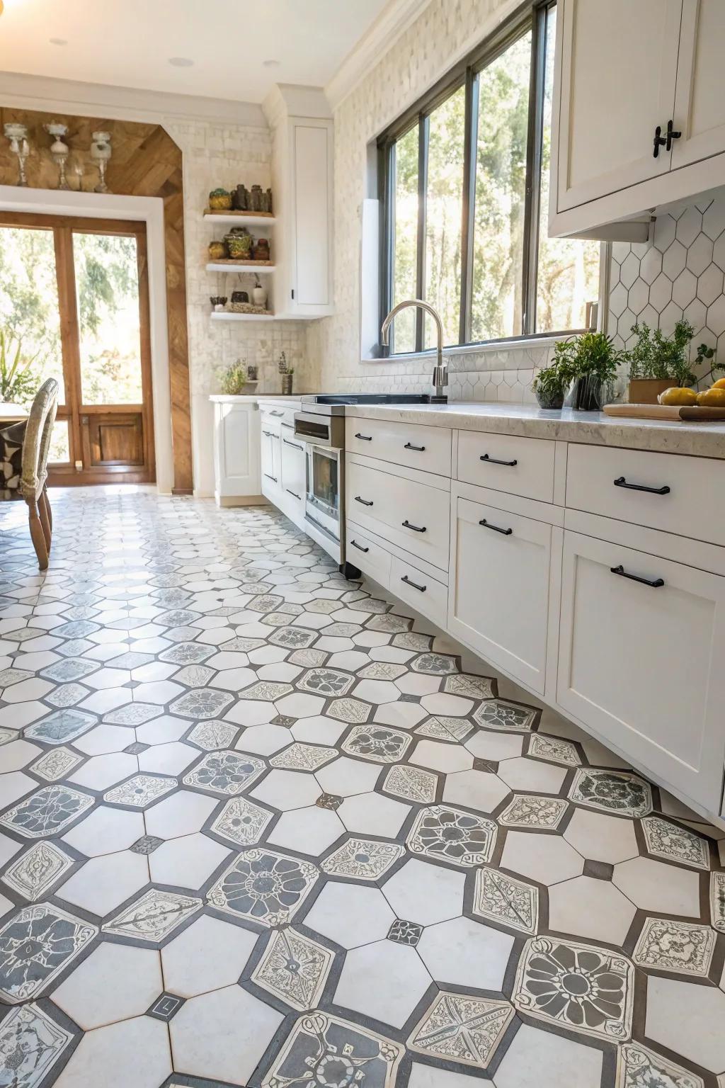 Geometric parity via hexagon tessellations produces a balanced kitchen aesthetic.