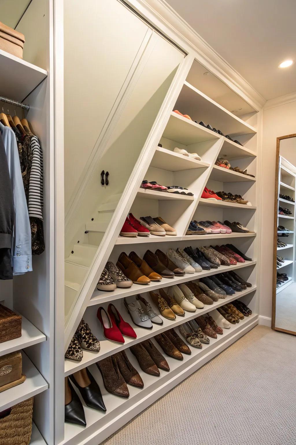 Angled shelves provide visibility and easy access to your shoes.