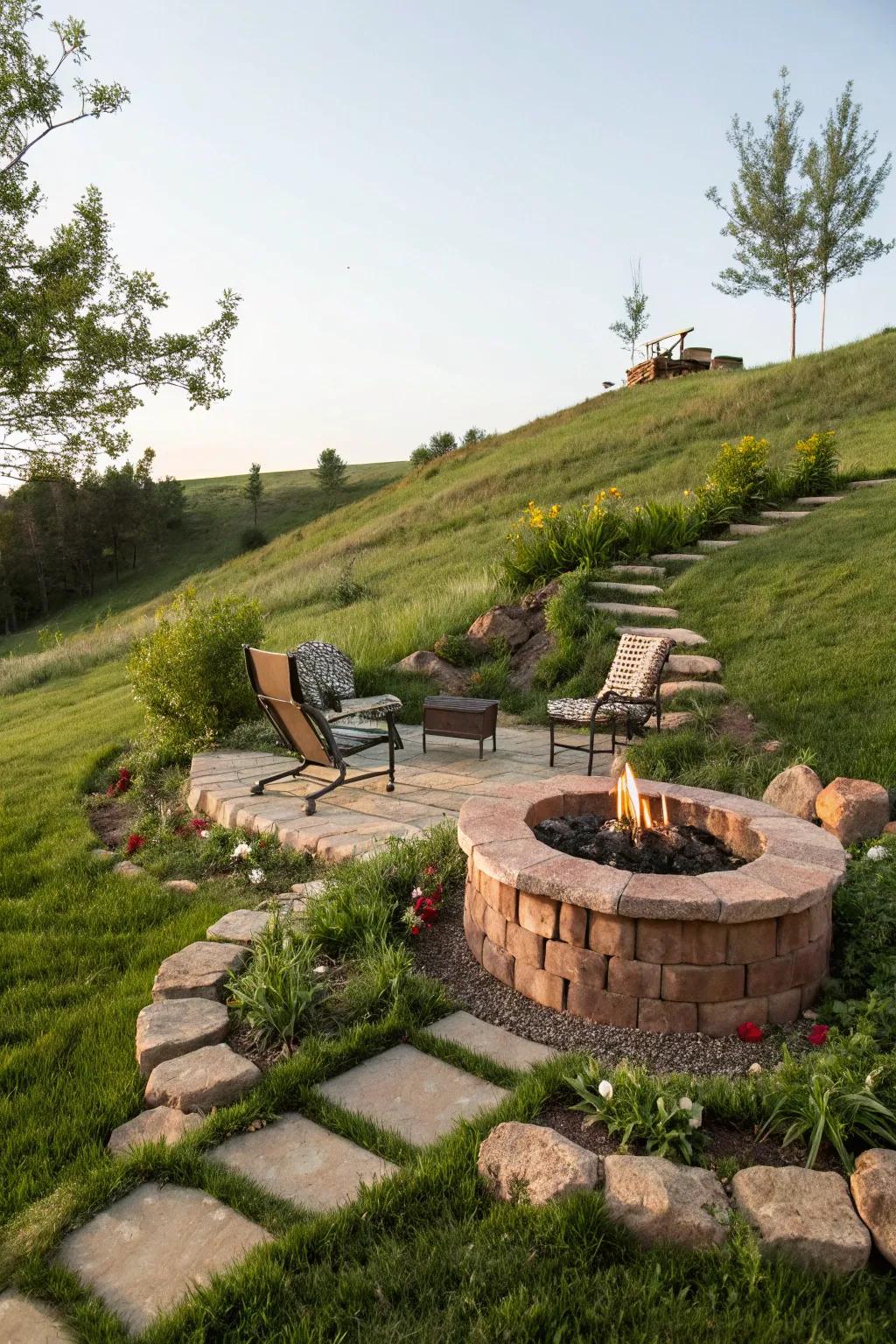 Fire pits offer warmth and a place for people to gather in hillside gardens.
