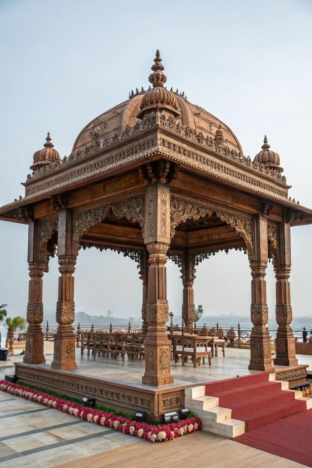 Striking structural frameworks imparting a contemporary edge to the mandap.