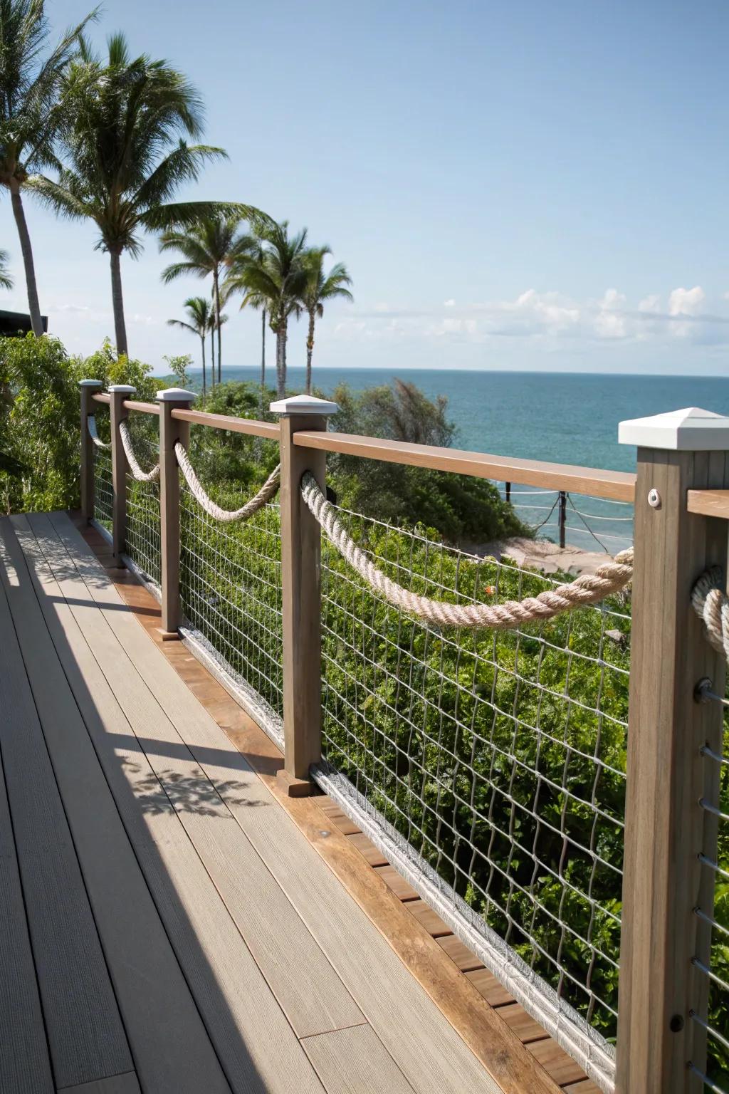Cord accents append a nautical charm to wire mesh deck barriers.
