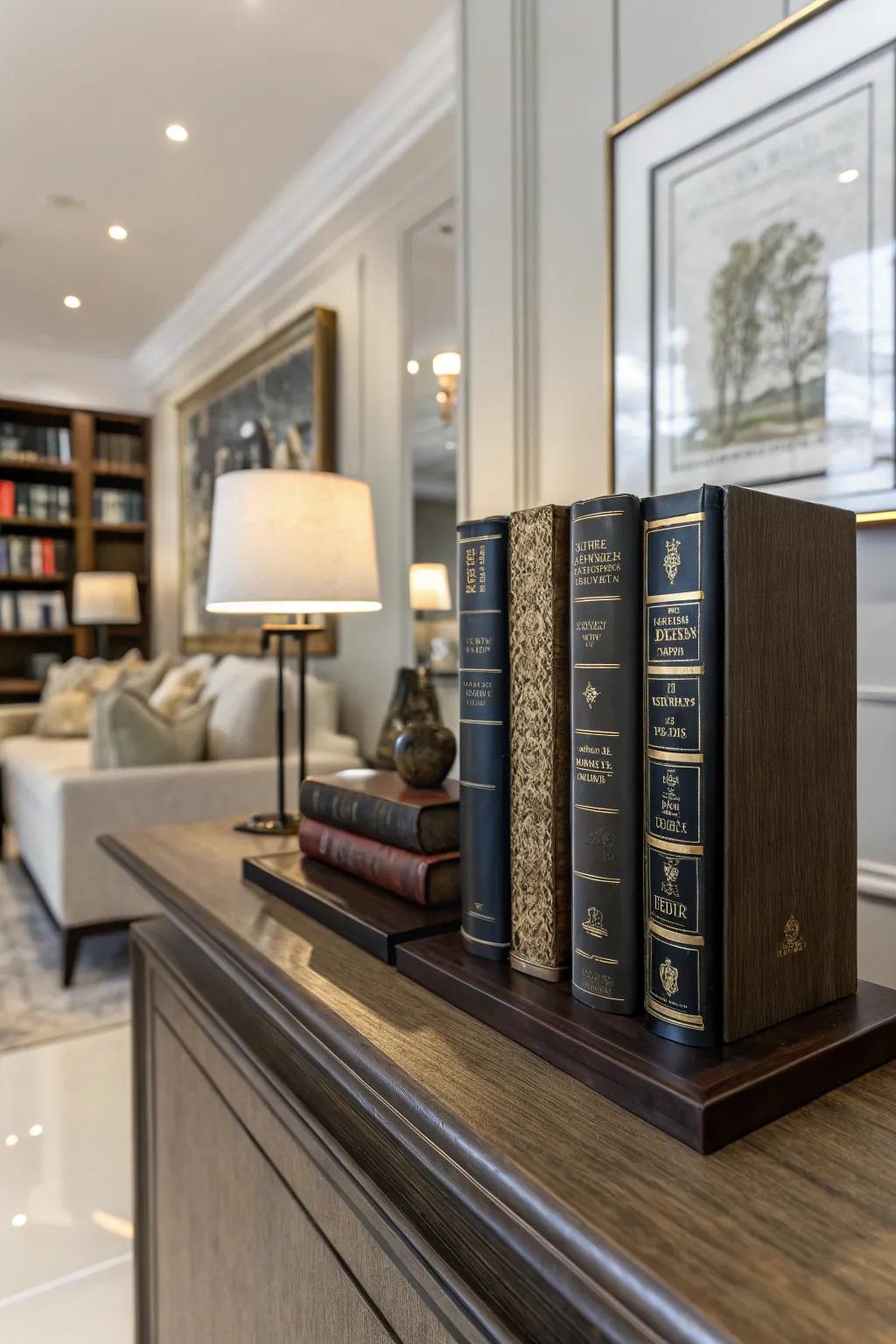Refined book rests that add a sophisticated touch to the bookshelf.