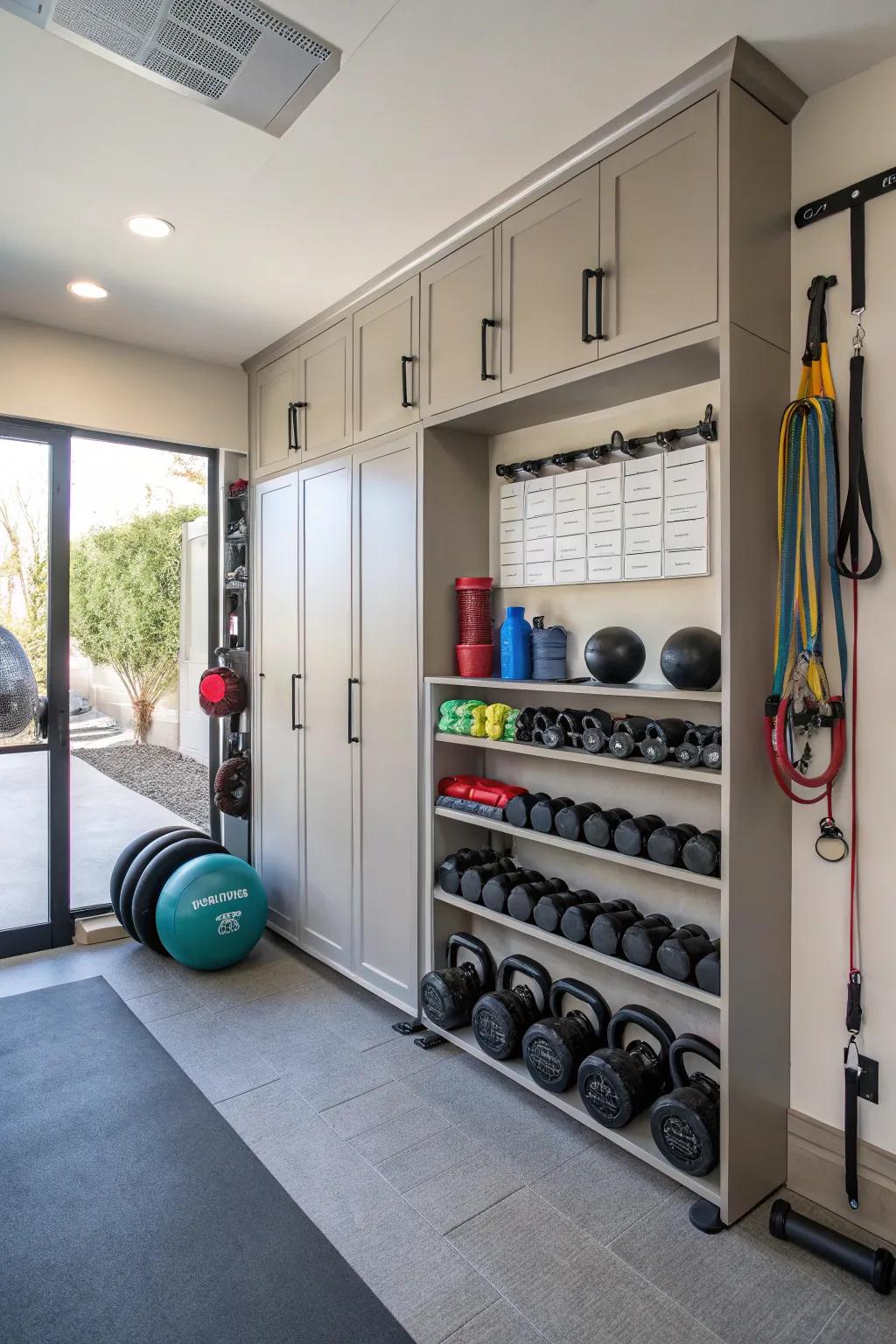 Cabinet storage maintains a clean gym environment with equipment concealed.