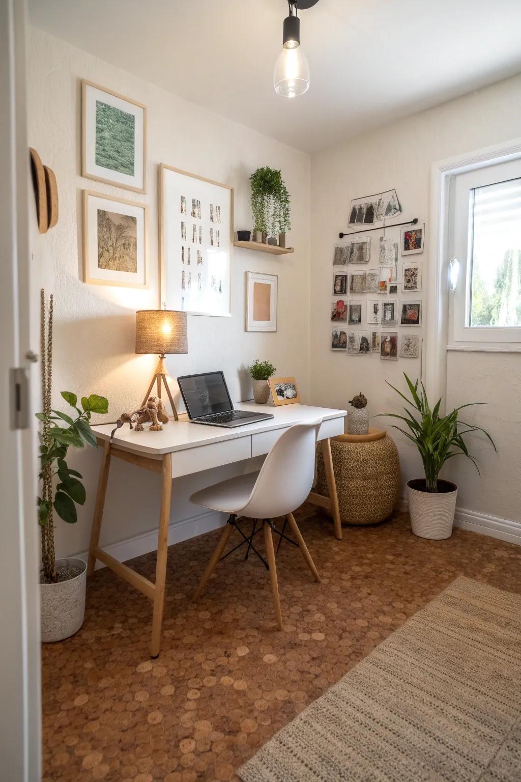 Cork tiles deliver sound-absorbing ease for a placid office.