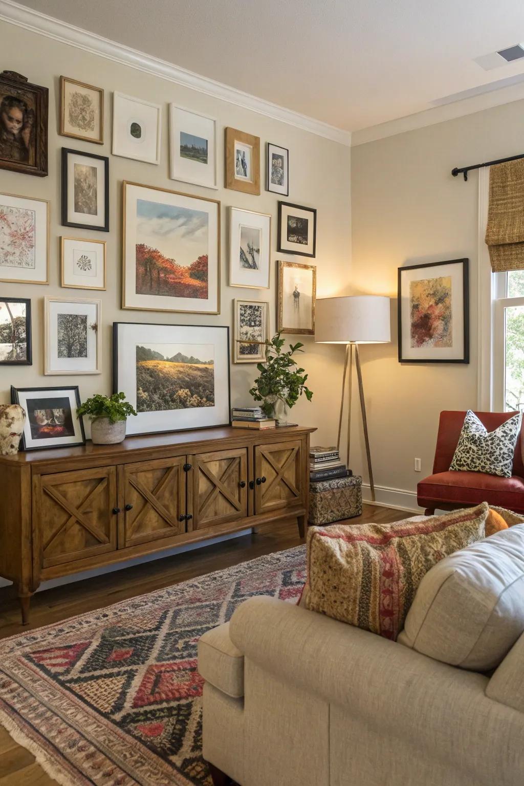 A photo display adding flair and personality to a living room.