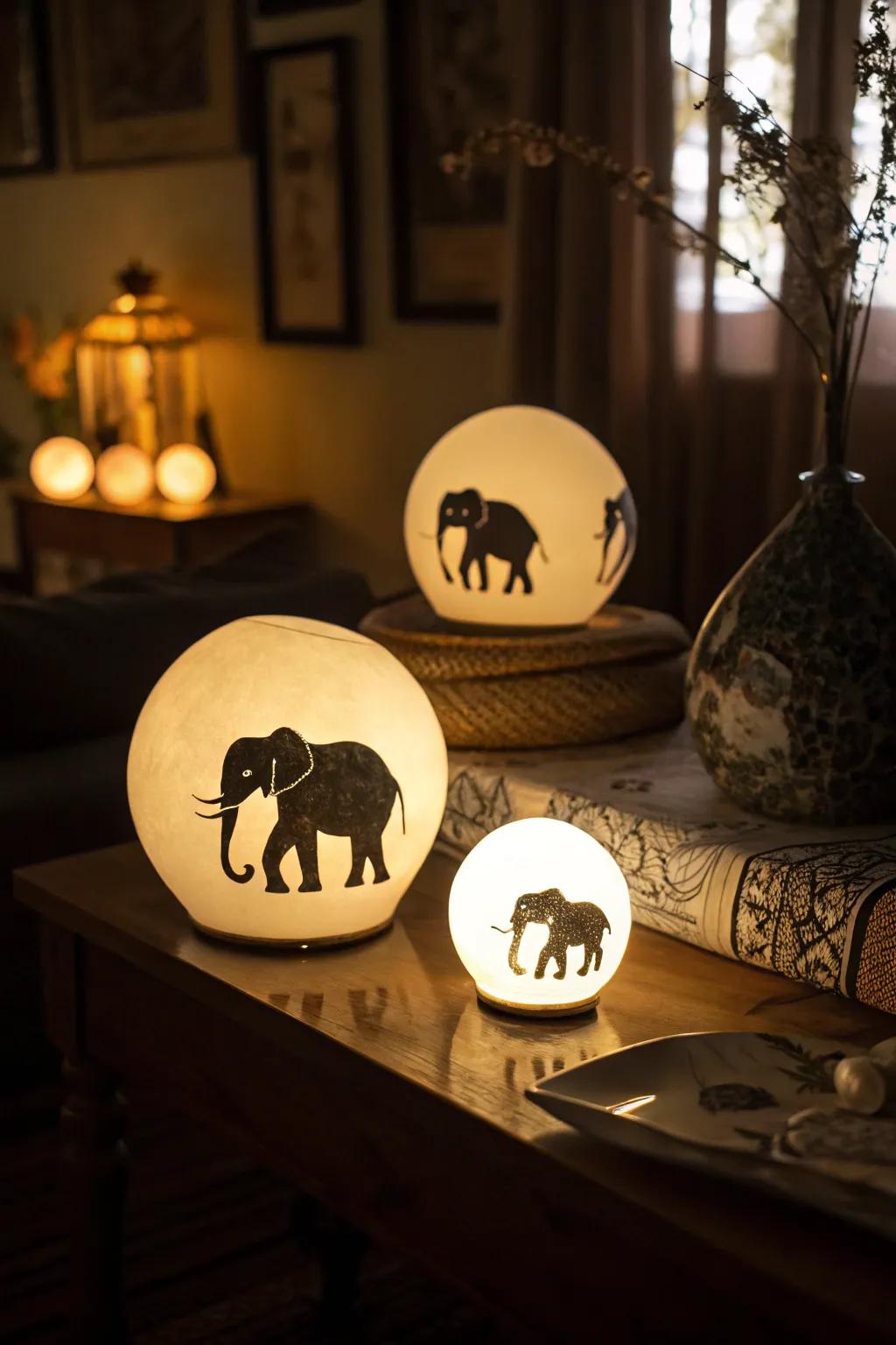 Magical centerpiece featuring radiant elephant orbs.