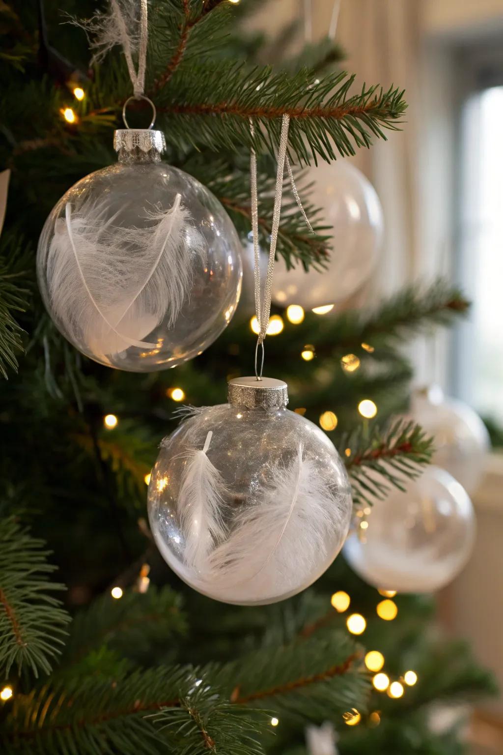 Ethereal plumed baubles infusing an airy elegance into the festive ornamentation.