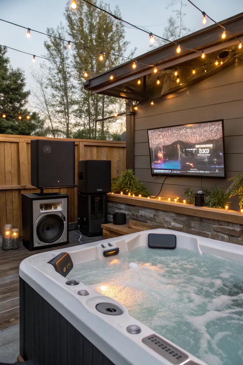 An amusement center featuring a spa and outdoor media setup.