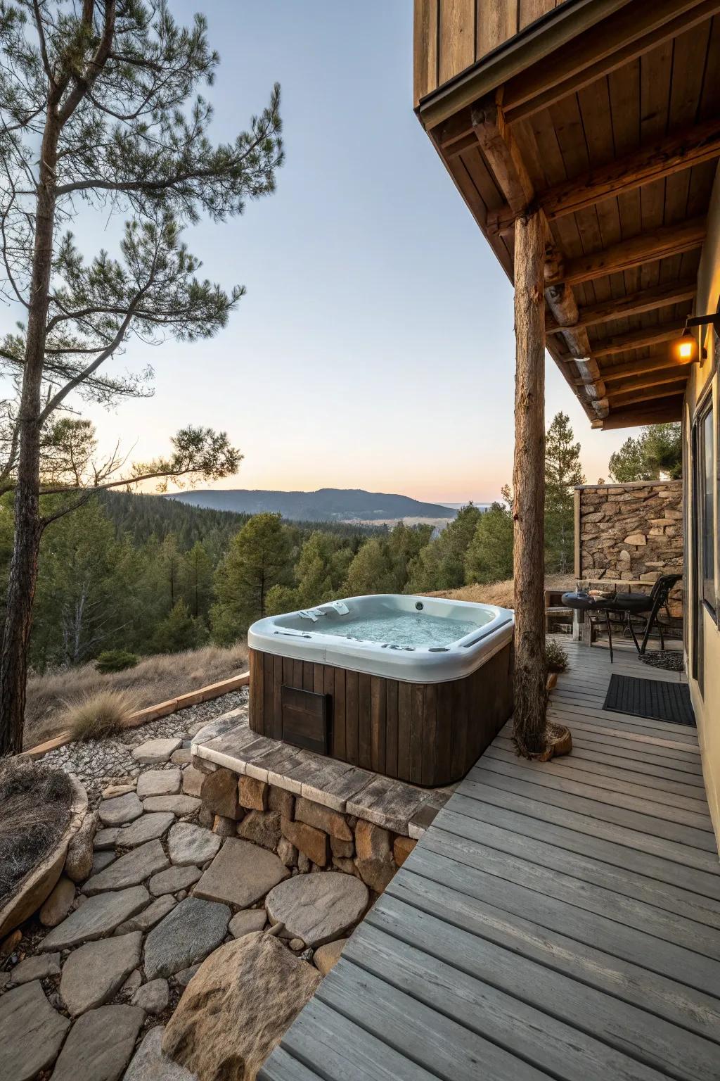 Infuse rustic charm with earthy materials around your hot tub.