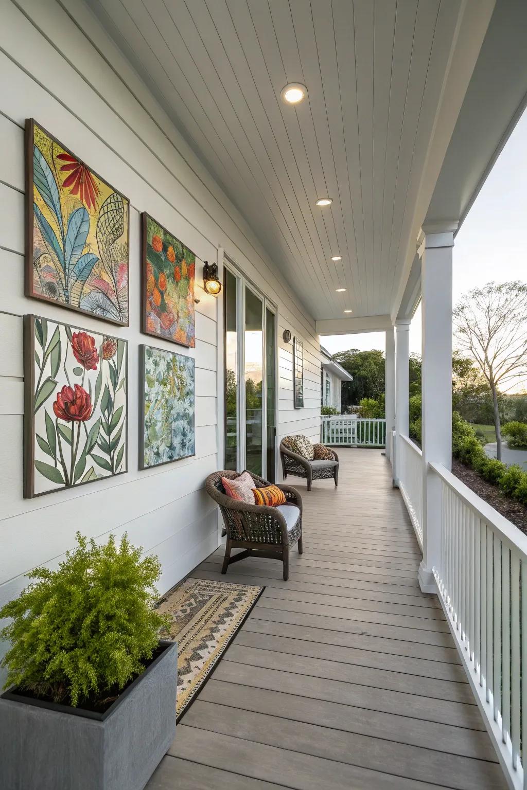 Bespoke artistic creations enrich this contemporary porch.