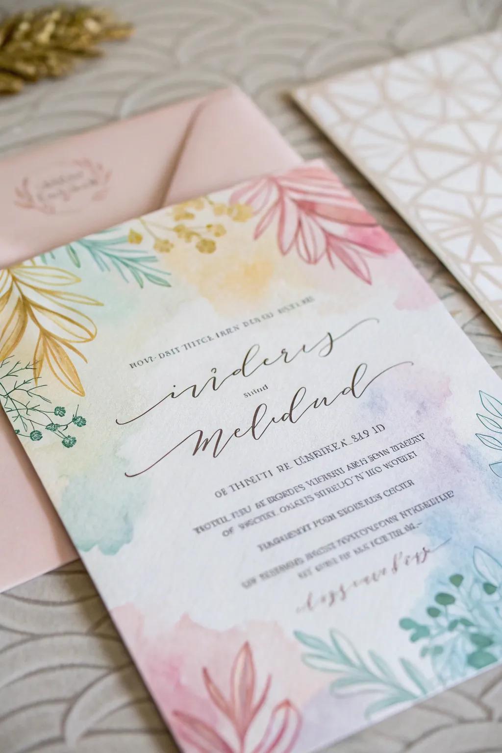 Watercolor designs contribute an artistic flair to your invites.