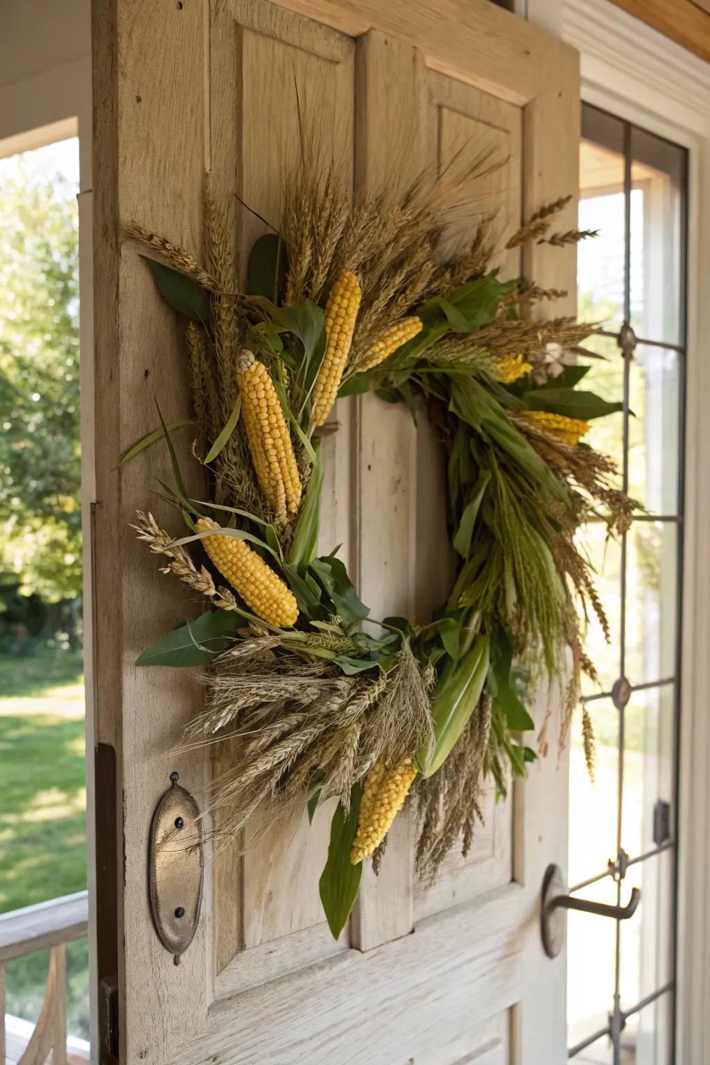 A harvest wreath paying homage to the rustic charm of farm life.