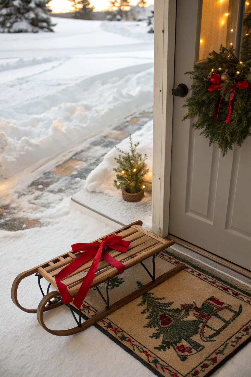 A welcoming sled showcasing a festive entryway mat
