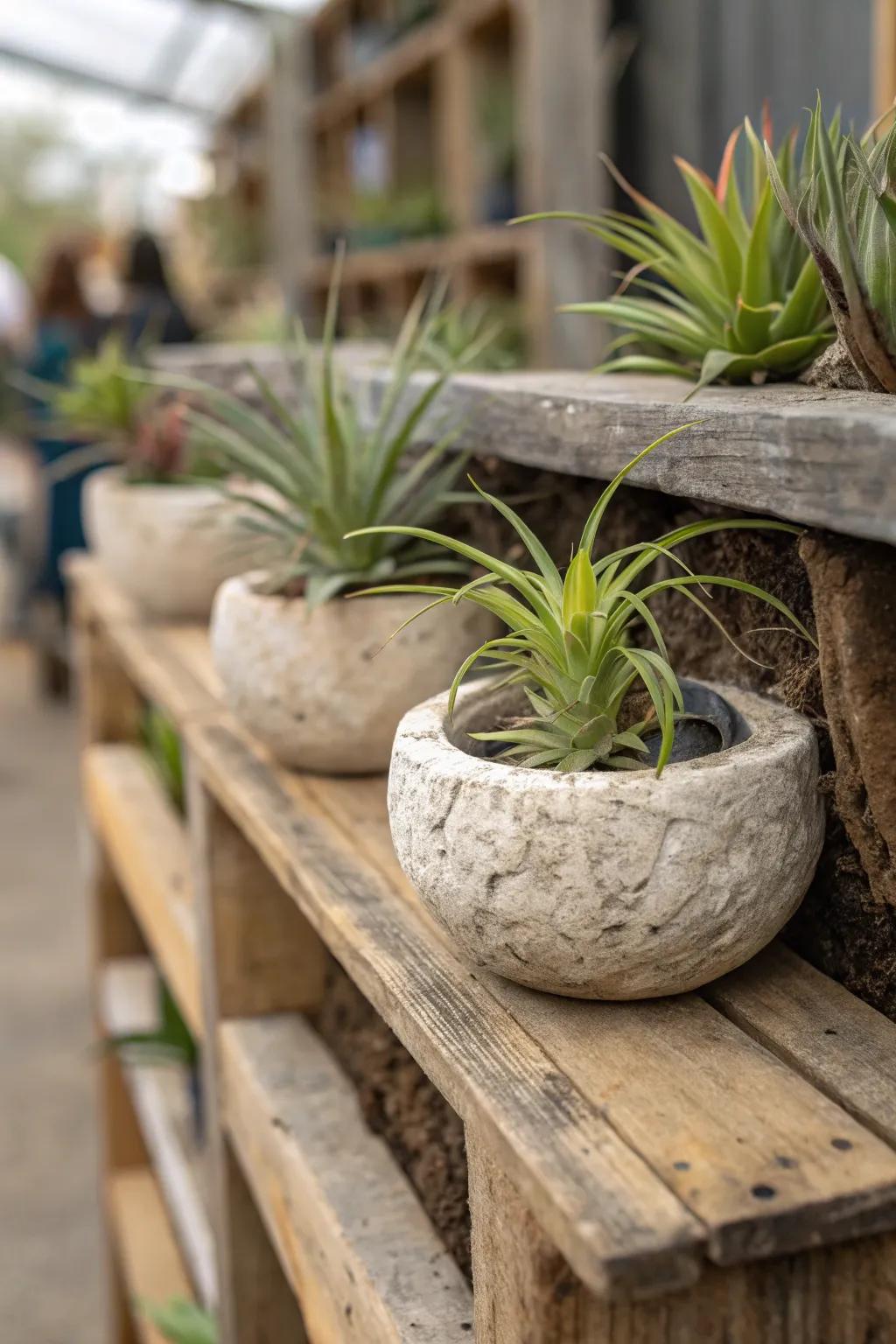 Native stone vessels showcasing air plants for a rugged aesthetic.