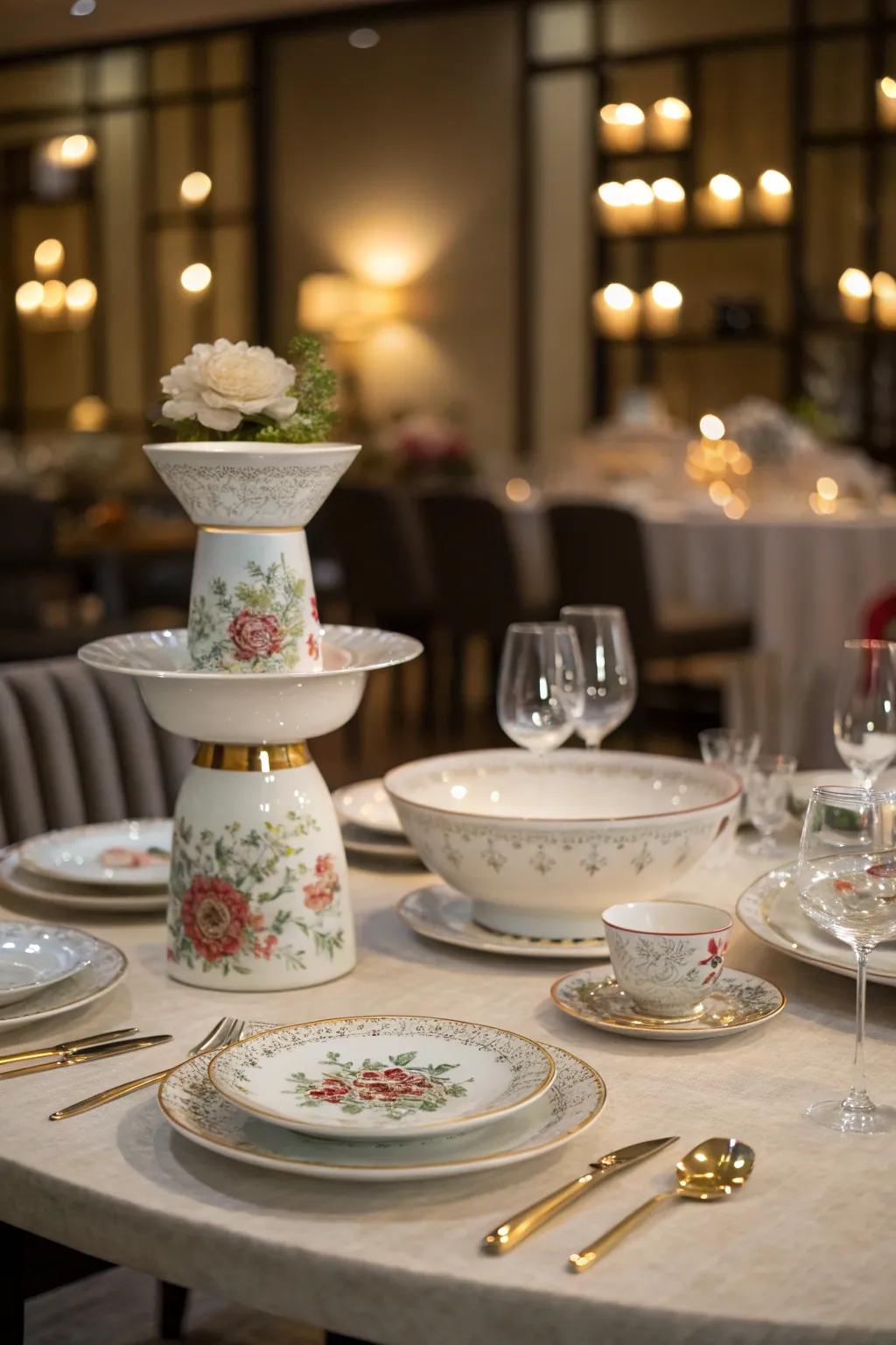 A dining surface featuring an artistic centerpiece crafted from assorted china articles.