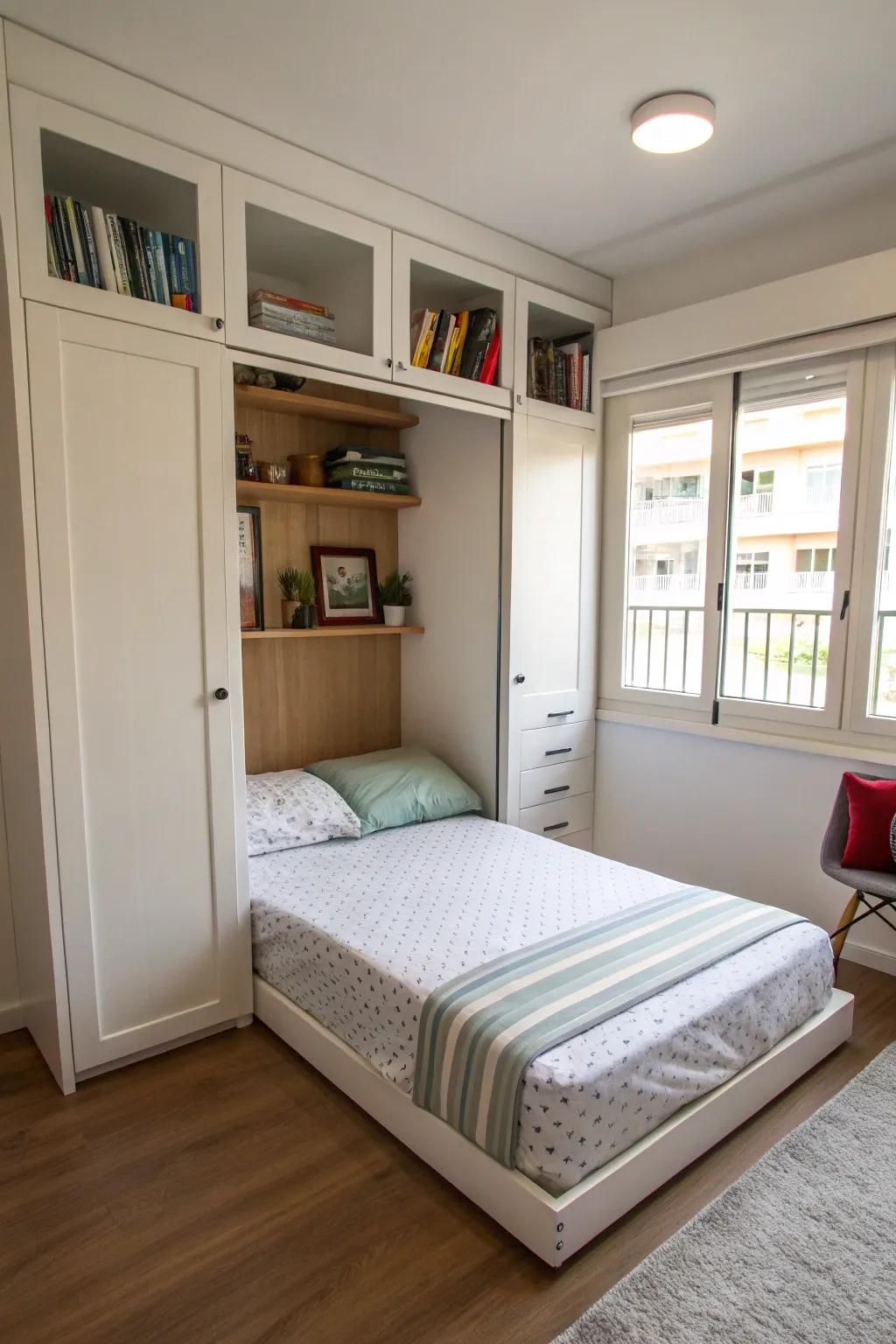 A sleeping chamber featuring a Murphy-style sleeping platform that optimizes available area.