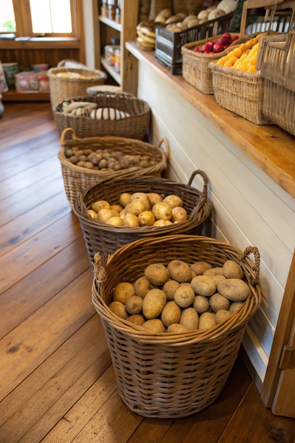 Spacious floor baskets organize bulk items like potatoes neatly.