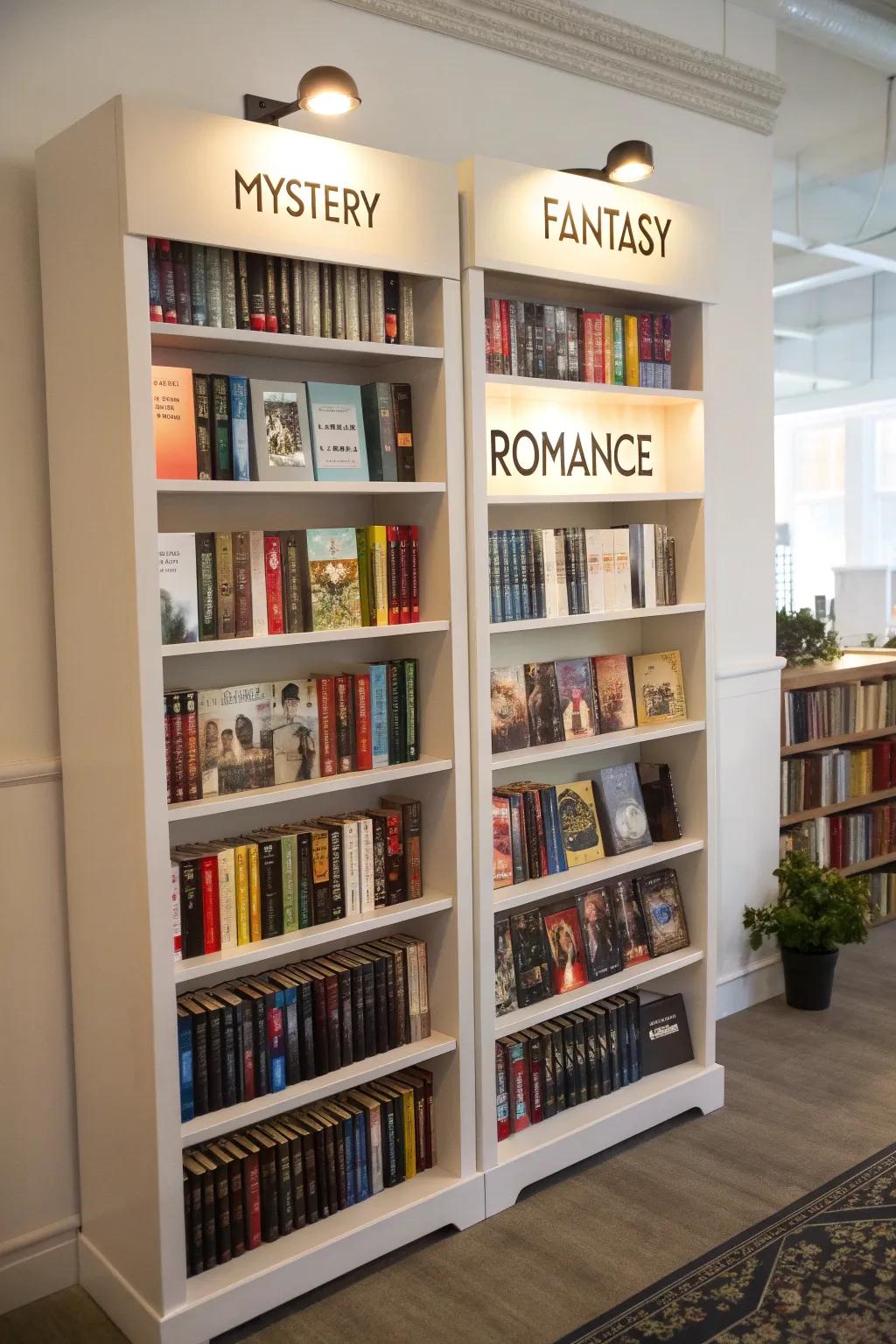Themed shelves establish a refined and organized aesthetic
