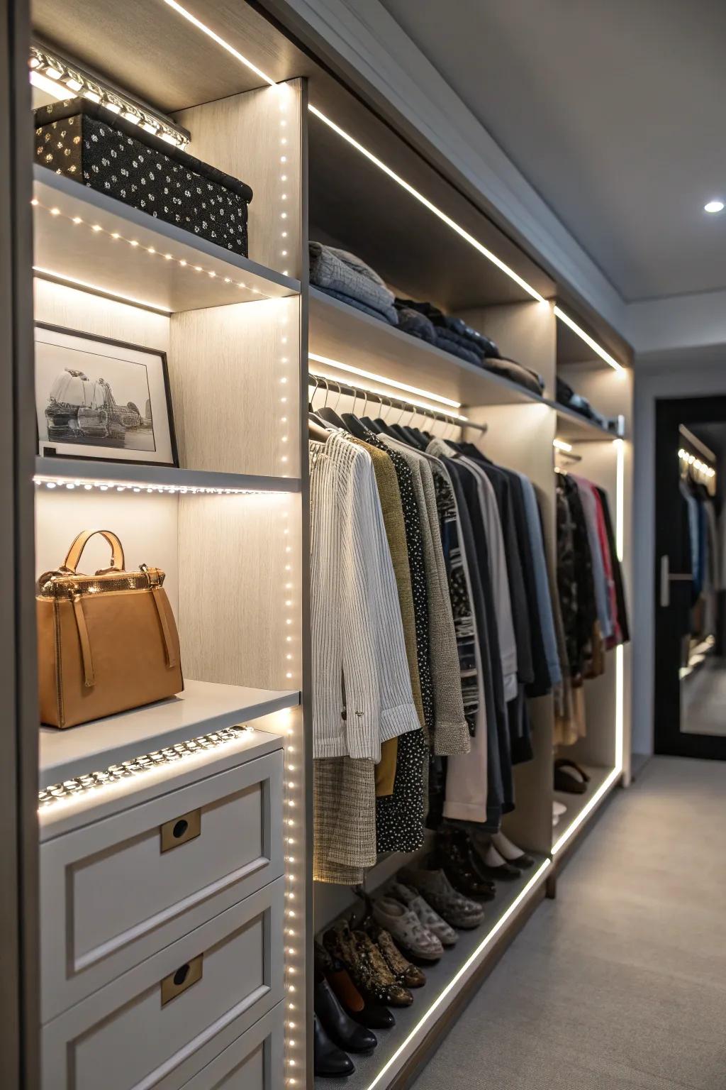 LED lighting improves visibility and enhances the appeal of your organized closet.