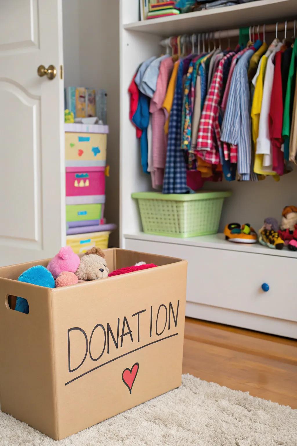 Donation box keeps outgrown clothes from piling up.
