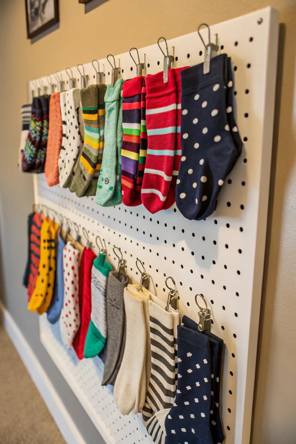 A pegboard turns your socks into a practical piece of art.