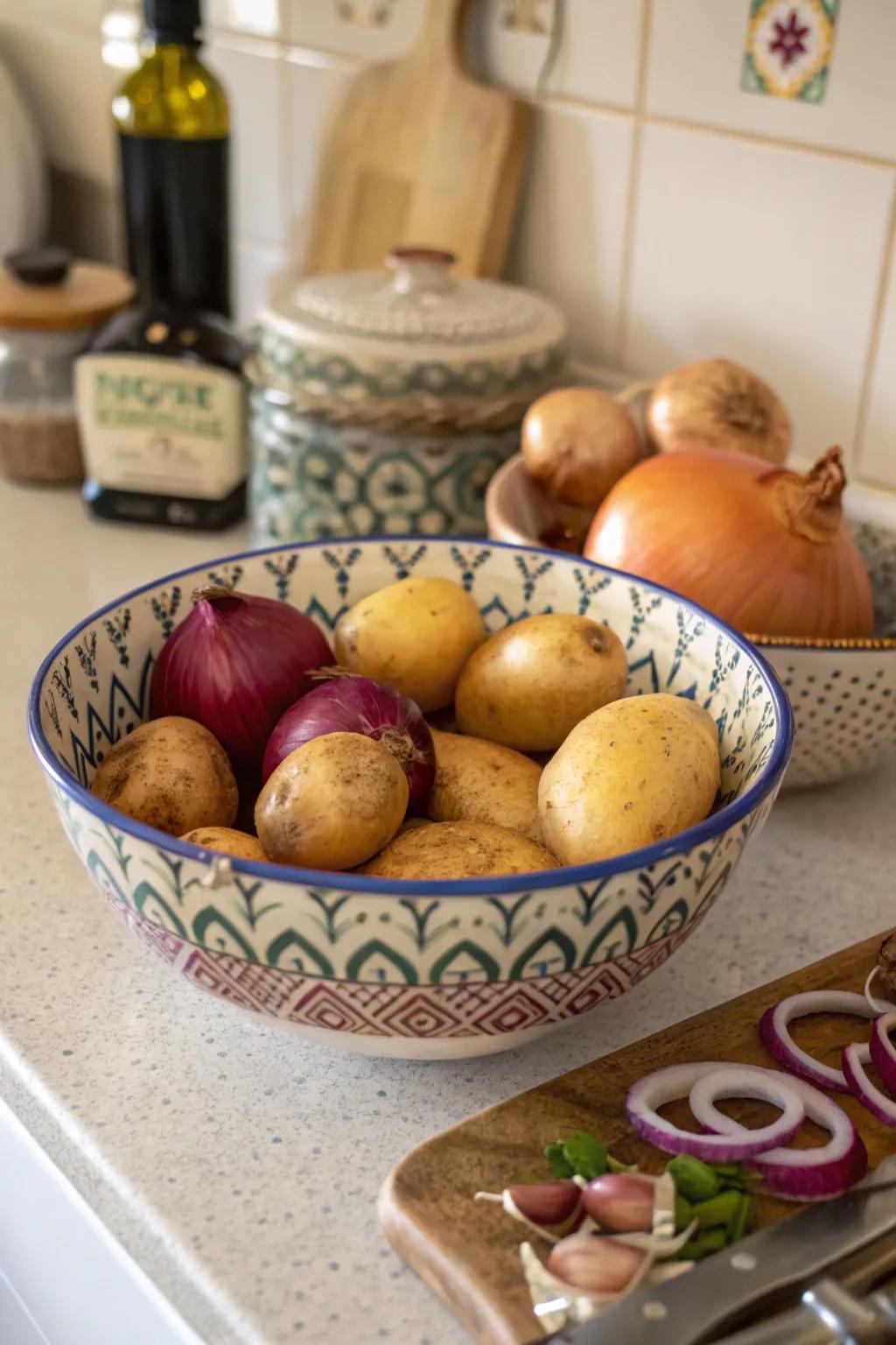 Decorative bowls offer a fashionable method for showcasing produce.