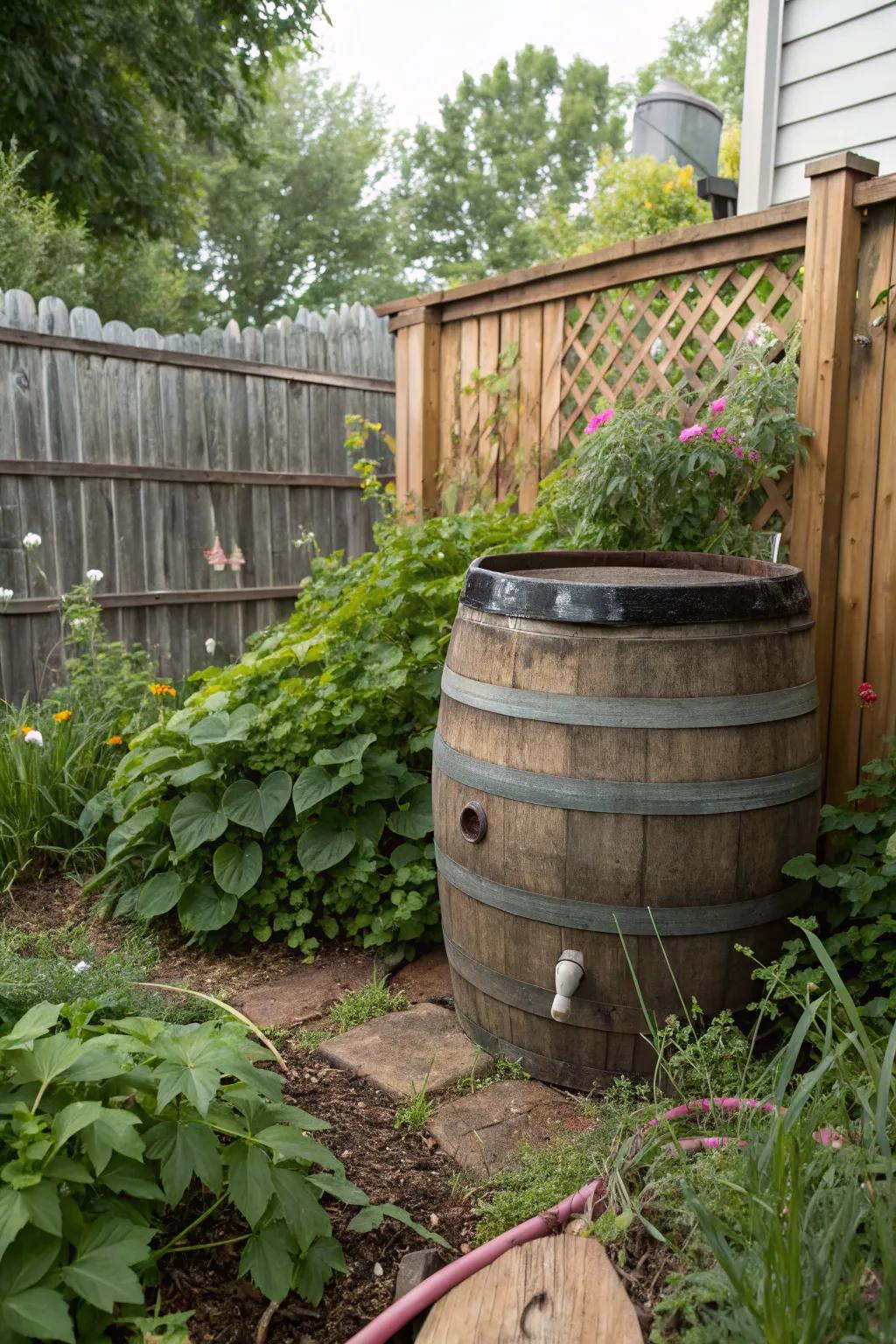 A rustic wine barrel transformed into an eye-catching compost bin in the garden.