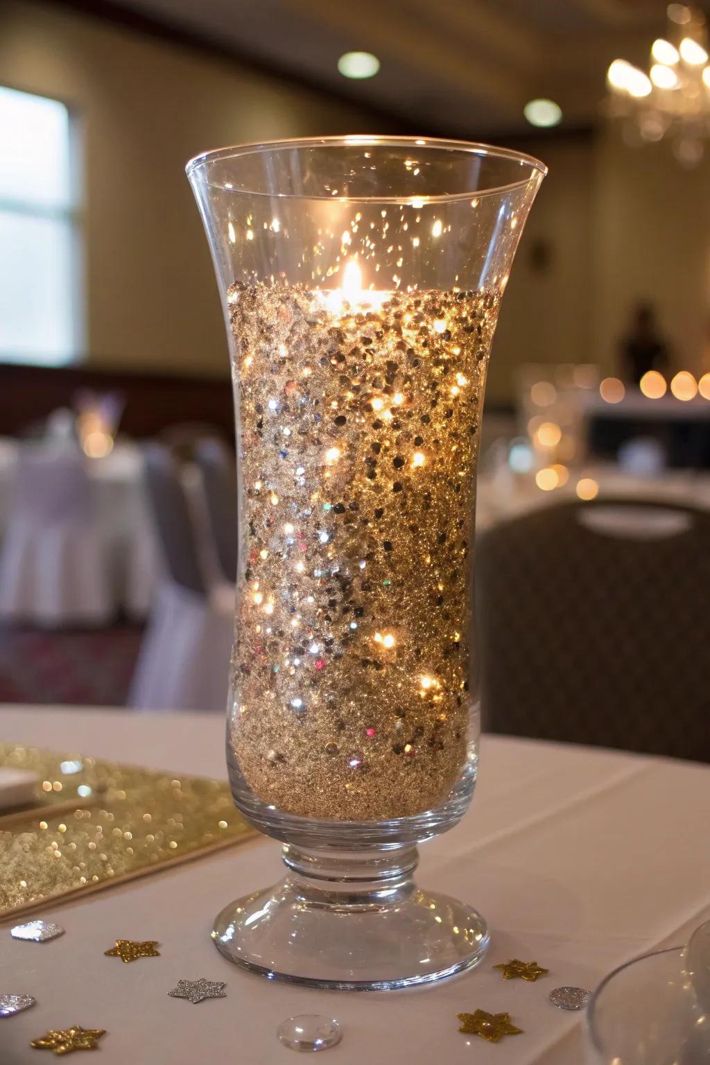 Glitter and metallic confetti exhibited within a hurricane vase, crafted for a trace of glamor.
