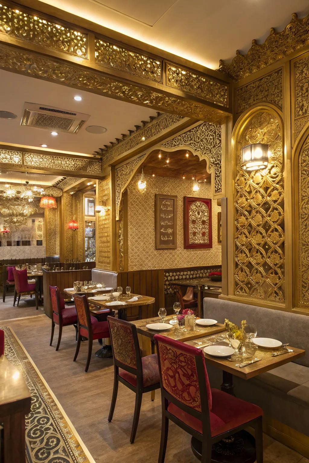 Gold accents add a touch of opulence to an Indian restaurant.