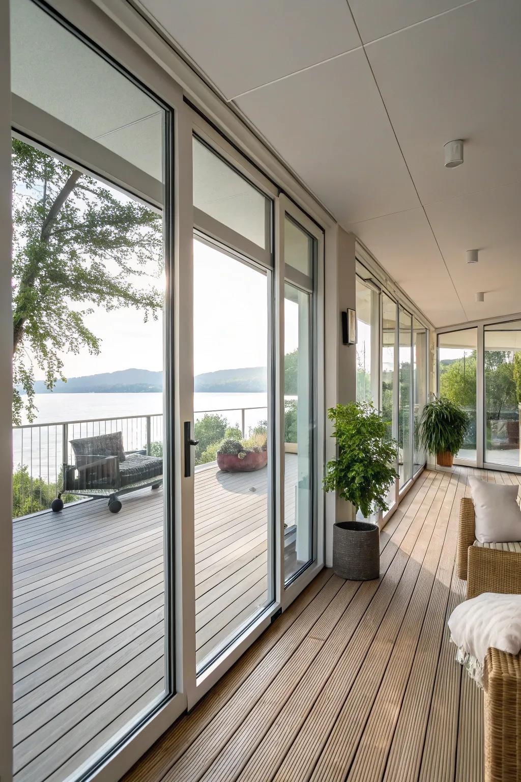 Glass doors offer versatility and spaciousness to this indoor deck.