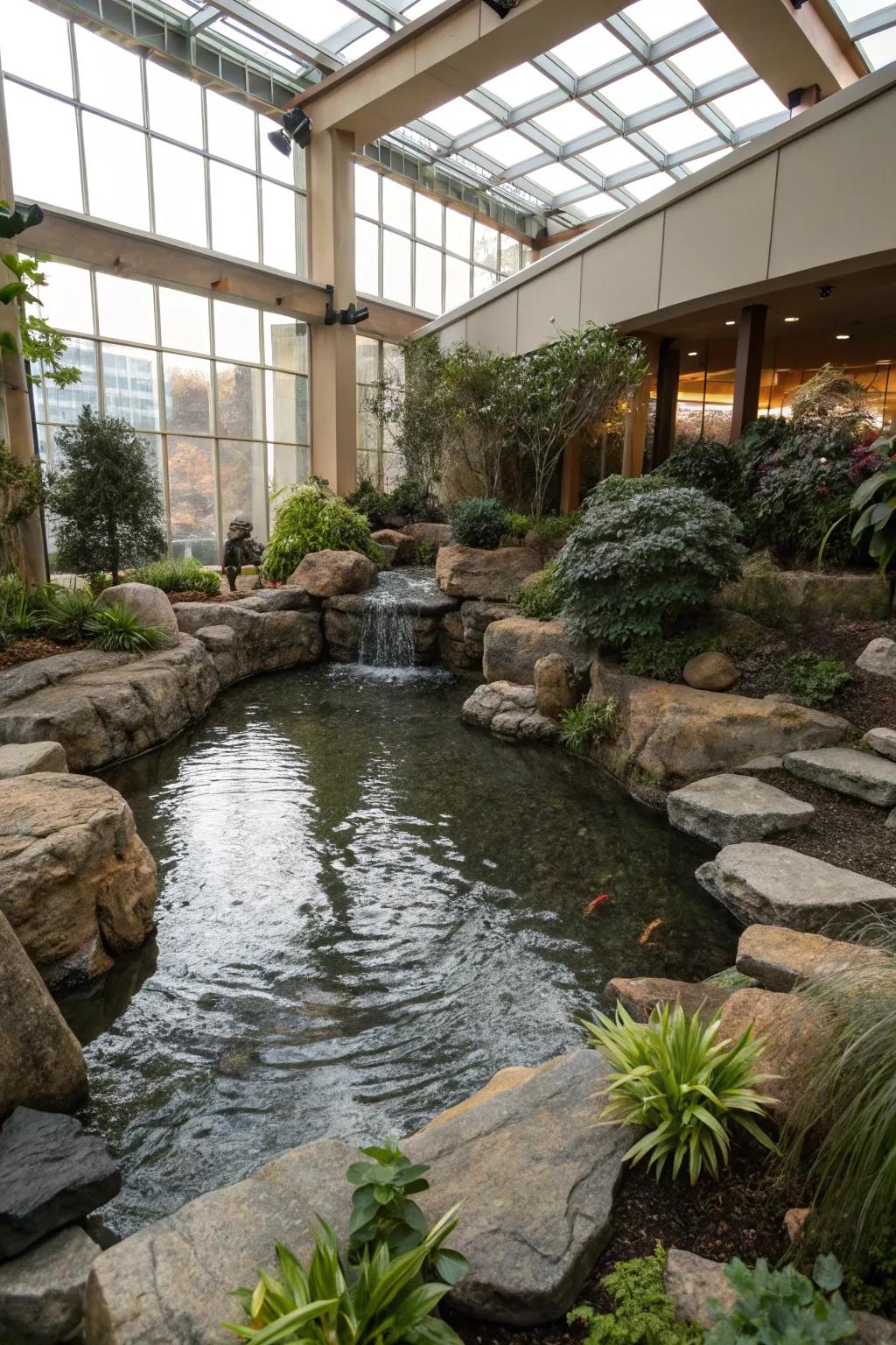Stone displays contribute an earthy and organic touch to interior ponds.