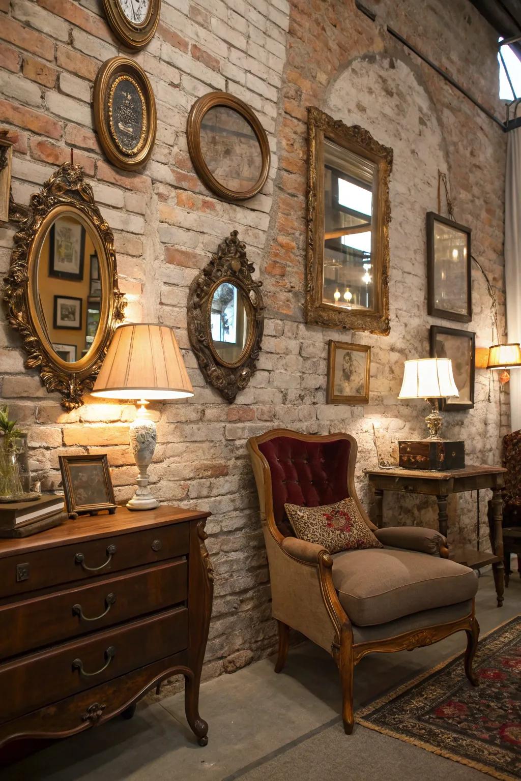 A retro-themed room with a brick wall and heirloom decor, exuding timeless charm.