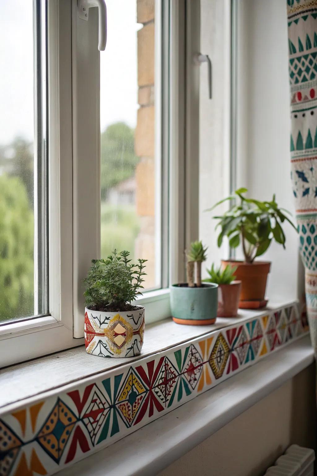 A window ledge showcasing geometric configurations, thereby infusing the expanse with modern artistry.