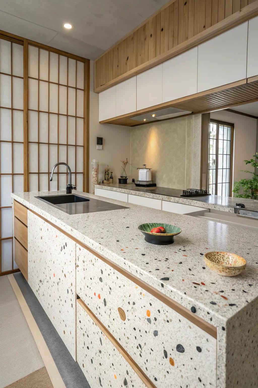 Fragmented stone worktops add modern flair to this kitchen.